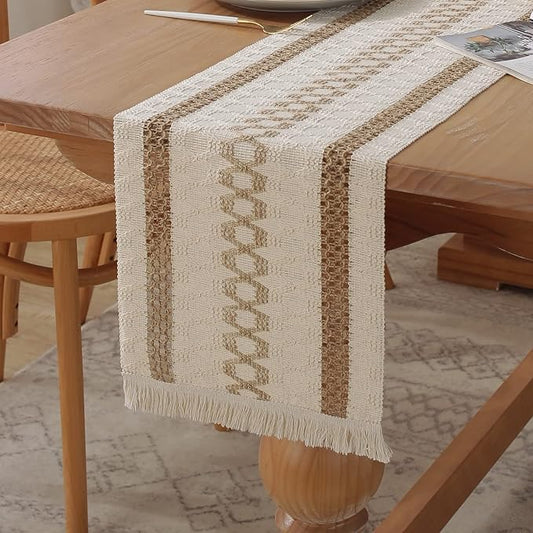 Boho Burlap Macrame Table Runner, Farmhouse Style Cotton Linen Rustic Woven Table Runner with Tassels for Dining, Wedding, Bridal Shower, Bohemian (12x72 inch, Coffee Lines)