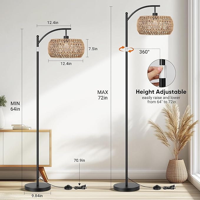 ROTTOGOON Rattan Floor Lamps for Living Room, Boho Standing Lamps with Rattan Shades, Arc Lamps Floor Standing with 9W Bulb, Foot Switch, Bohemian Floor Lamps for Bedroom, Office- Black
