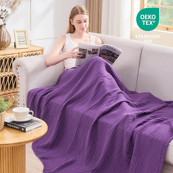 EMME Cotton Muslin Twin XL Blanket Breathable Gauze Blanket Soft Lightweight Blankets Adults Gifts for Women (Purple, 66"x90")