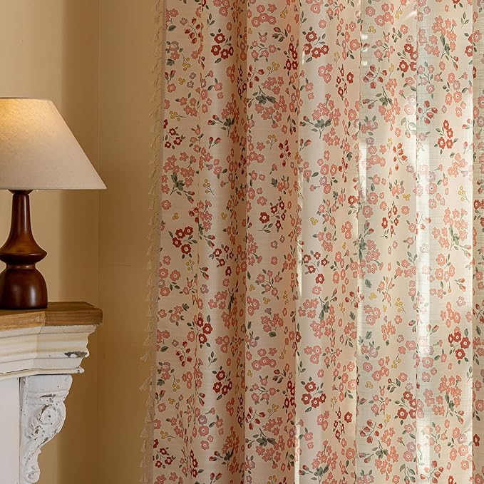OYX Pink Boho Farmhouse Floral Curtains 63 Inch Long 2 Panels For Living Room, Flower Girl Bedroom Light Filtering Drapes, Vintage Country French Patterned Rod Pocket Aesthetic Decor Window Treatments