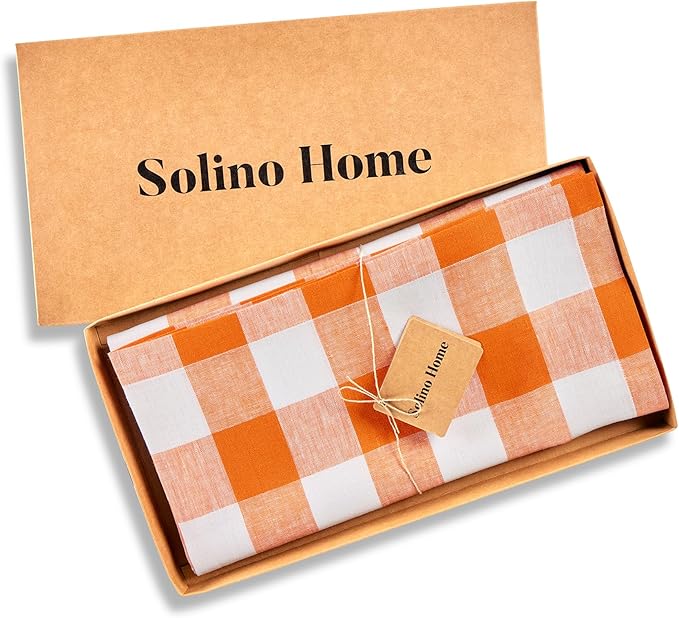 Solino Home Linen Checkered Tablecloth 52 x 52 Inch - 100% Pure Linen Pumpkin and White Buffalo Plaid Square Tablecloth - Machine Washable Table Throw for Fall, Autumn, Thanksgiving