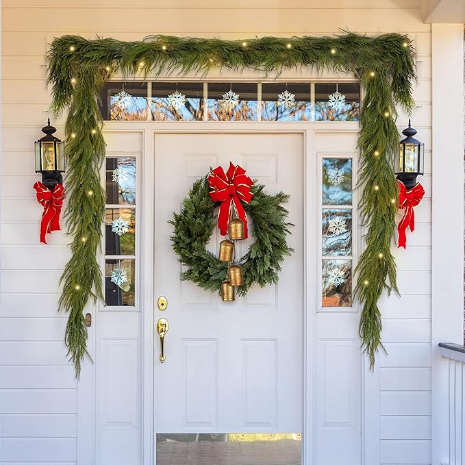 Fovths 1 Pack 9 Feet Christmas Norfolk Garlands Set Artificial Faux Greenery Garland 4 Cow Bell with Jute Hanging Rope Light String Winter Pine Garland for Xmas Indoor Holiday Decor, Green