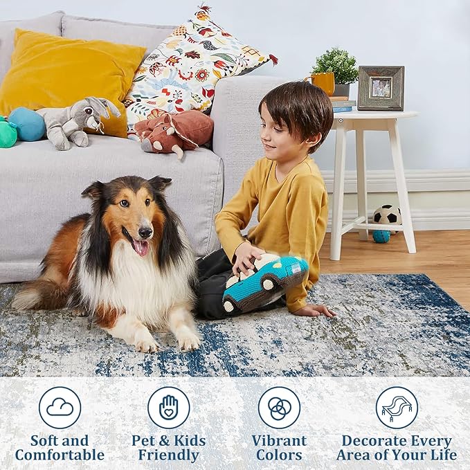10x13 Modern Abstract Area Rug Faux Wool Low Pile Ultra Soft Stain Resistant Accent Washable Non Slip Non Shedding Throw Rug for Living Room Bedroom Home Decor, Navy