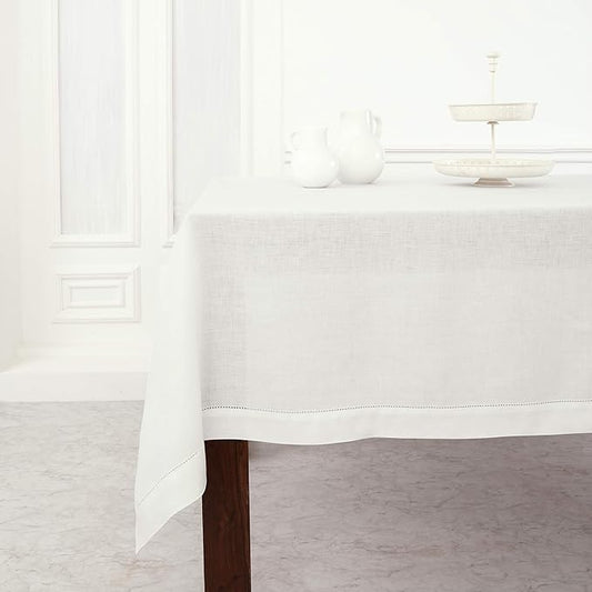 Solino Home Linen Tablecloth for Rectangle Tables 60 x 144 Inch - Classic Hemstitch 100% Pure Linen White Table Cloth - Machine Washable Cloth Tablecloth for Fall, Winter, Thanksgiving, Holiday
