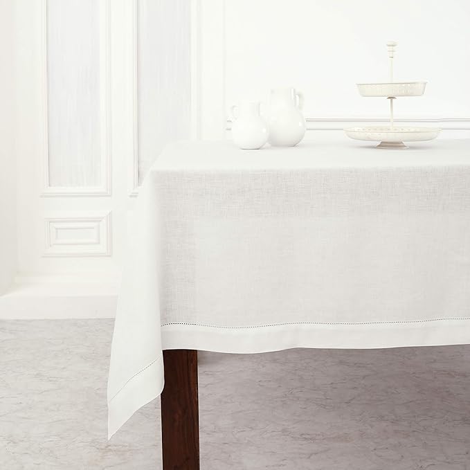 Solino Home Linen Tablecloth 60 x 108 Inch - Classic Hemstitch 100% Pure Linen White Table Cloth for Rectangle Tables - Machine Washable Tablecloth for Fall, Autumn, Winter, Thanksgiving, Holiday