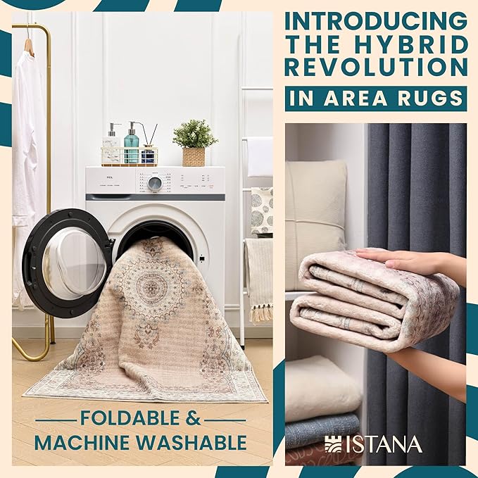 Istana 4x6 Rug - Beige Grey & Light Cream Area Rugs 4x6 - Kid & Pet Friendly Machine Washable Rugs - 4 x 6 Area Rug Non Slip & Non Shedding Area Rug - Foldable Rug for Room for Bedroom