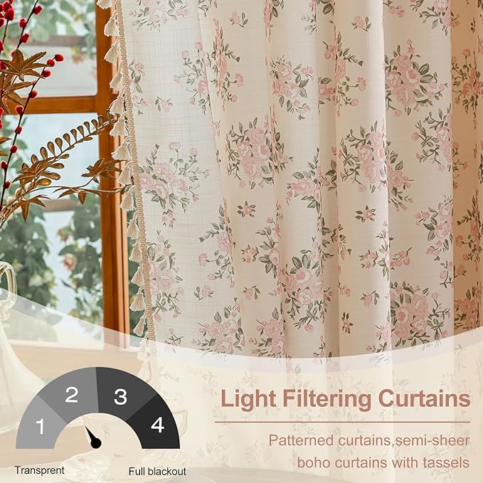 OYX Pink Boho Floral Curtains 96 Inch Long 2panels, French Vintage Farmhouse Patterned Decor Window Drapes with Tassels, Girls Semi-Sheer Light Filtering for Bedroom Living Room (Rod Pocket, 52Wx96L)