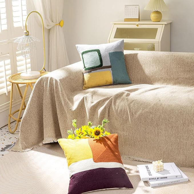 VClife Beige Couch Cover for Sofa 1 Piece Modern Minimalism Couch Cover for 2 Cushion Couch Sofa Slipcover Washable Soft Chenille Sofa Covers Furniture Protector for Bedroom Living Room 91''x118''