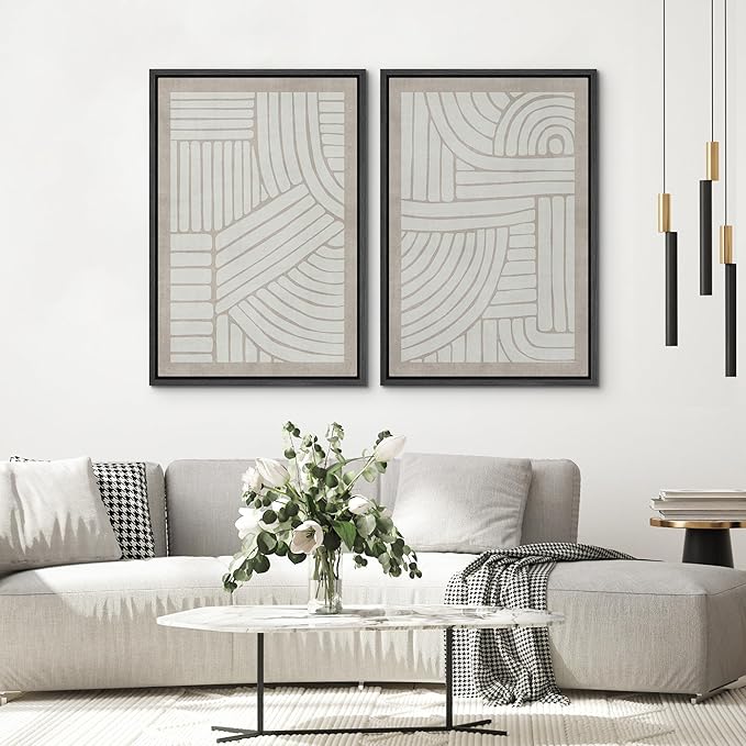 SIGNWIN Framed Canvas Print Wall Art Set Grunge Tribal Pattern Landscape Abstract Shapes Cozy Neutral Minimal Decorative Nordic Zen Bohemian for Living Room, Bedroom, Office - 16"x24"x2 Black