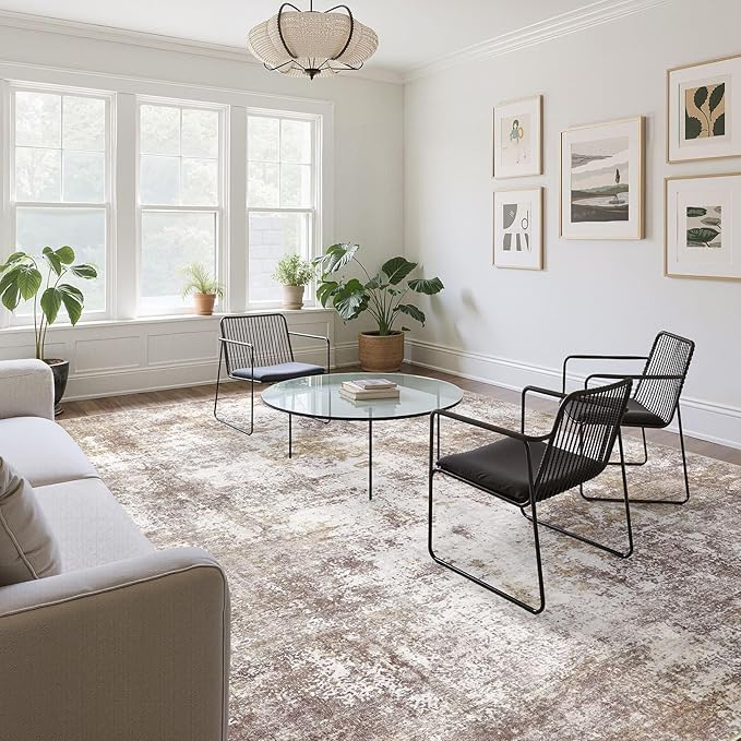 Washable 9X12 Area Rug: Modern Abstract Soft Non-Slip Indoor Rugs Home Decor - Low Pile Stain Resistant Foldable Rug for Living Room Bedroom Dining Room Playroom Office(Golden Brown,9'x12')