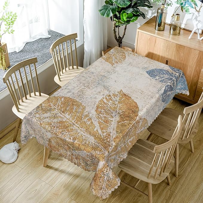 54x86inches Vintage Rectangle Tablecloth Grunge Brown Blue Leaves Pattern Table Cloths Waterproof and Stain Resistant Fabric Table Cloth Cover for Kitchen Dining Room Patio Farmhouse Decor