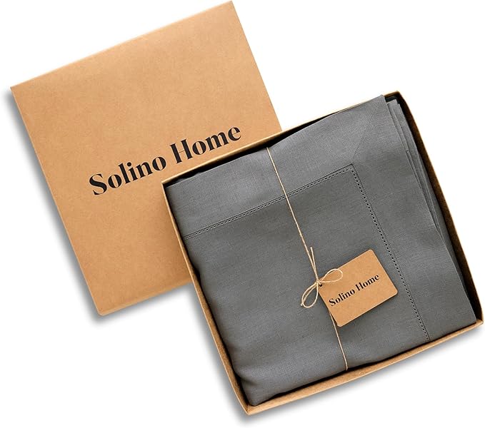 Solino Home Linen Tablecloth 60 x 90 Inch - Classic Hemstitch 100% Pure Linen Steel Gray Table Cloth for Rectangle Tables - Machine Washable Tablecloth for Fall, Autumn