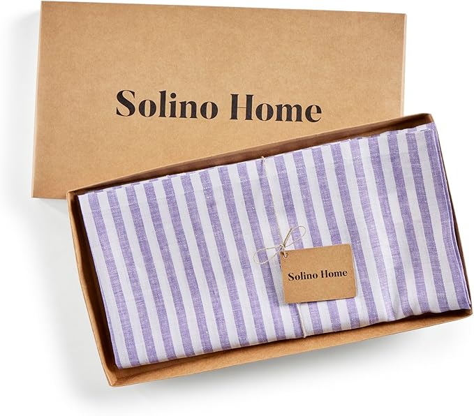 Solino Home Linen Tablecloth 52 x 52 Inch - Amalfi Stripe, 100% Pure Linen Violet and White Square Tablecloth - Machine Washable Table Throw