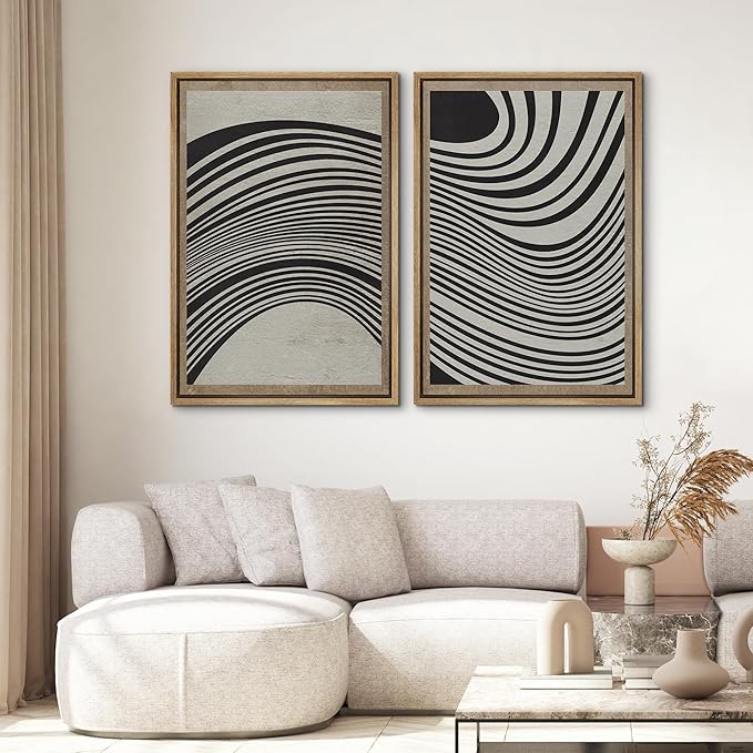 SIGNWIN Framed Canvas Print Wall Art Set Mid-Century Spiral Wave Collage Abstract Shapes Cozy Neutral Minimal Decorative Nordic Zen Bohemian for Living Room, Bedroom, Office - 16"x24"x2 Natural