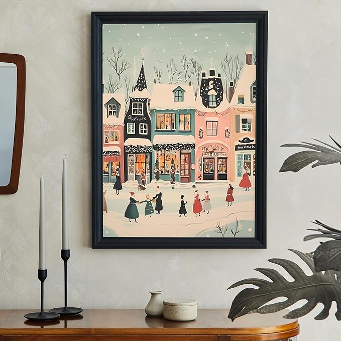 OZCONO Christmas Village Wall Art for Cozy Holiday Decor, Snowy Town Scene for Seasonal Home, Winter Village Artwork, Hello December Print, Xmas Design (Unframed) (24x36)