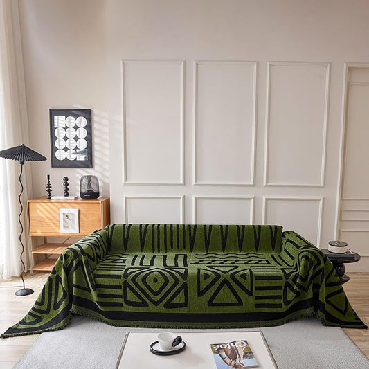 VClife Boho Couch Cover for 3 Cushion Couch Chenille Sofa Cover for Sectional Sofa, Modern Forest Green Sofa Slipcover Washable Couch Covers for L-Shape Sofa Reversible Sofa Protector 71''x134''