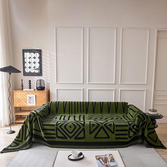 VClife Boho Couch Cover Thick Soft Chenille Sofa Covers for Sectional Couch, Bohemian Forest Green Couch Covers for 3 Cushion Couch Sofa Washable Multi-Functional Furniture Protector, 71''x150''