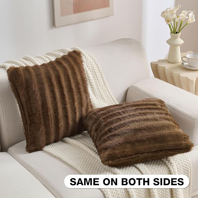 FUTEI Brown Decorative Throw Pillow Covers 20x20 Inch Set of 2,Soft Fluffy Faux Rabbit Fur Dyeing Striped Textured Cushion Case,Modern Home Decor for Couch Bed Living Room
