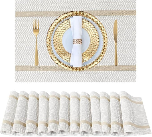 FAVE Placemats Set of 12 White Placemat Woven with Golden Thread Vinyl Placemats for Wedding, Banquet, Birthday, Party, Restaurant Decorations(White, 12"x18"-12PCS)