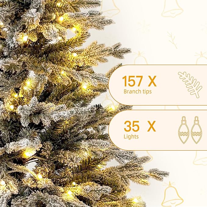 2ft Snow Flocked Prelit Small Christmas Tree Decorations with 35 Dual-Color LED Lights, Lighted Mini White Xmas Tree Artificial for Tabletop Mantle with 157 Tips, Burlap Base,Battery-Operated