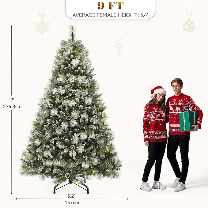 YITAHOME 9ft Prelit Scotch Pine Christmas Tree with Remote Control, Pre-Decorated Frosted Christmas Tree with Pine-Cones & Needles, Warm White/Multicolor Changing Lights for Home/Office