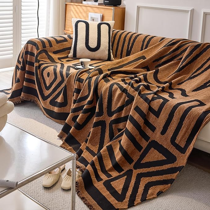 DREAMINGO Boho Couch Cover Washable Chenille Sofa Cover Blanket Brown Black Furniture Protector for Sectional 2 Cushion Couch Reversible Geometric Jacquard Loveseat Slipcover, Large 71"x118"