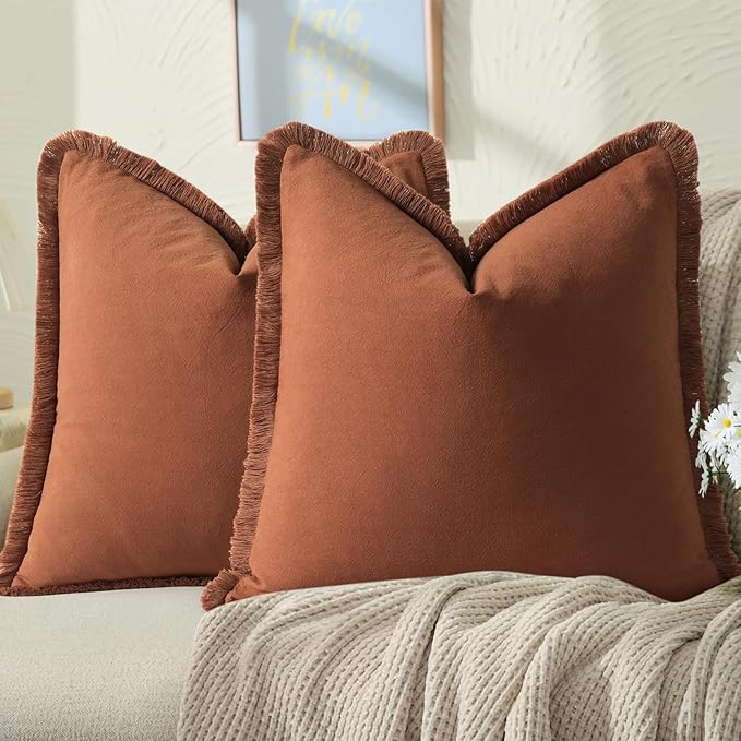 ZWJD Pillow Covers 20x20 Set of 2 Rust Throw Pillow Covers with Fringe Chic Cotton Decorative Pillows Square Cushion Covers for Sofa Couch Bed Living Room Farmhouse Boho Decor