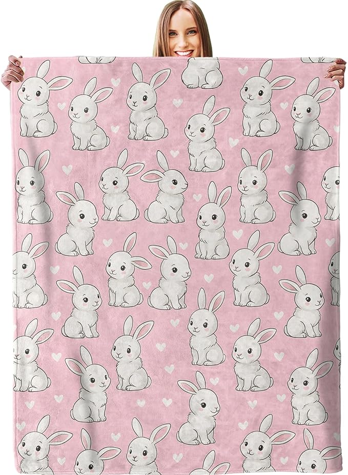 Adorable Pink Bunny Blanket, Plush Soft Lightweight Warm Cozy Flannel 80×60 inch Throw Blanket with Cute Rabbit Pattern for Couch, Travel, Bed, Outdoor, Gifts for Girls Teens Kids Women
