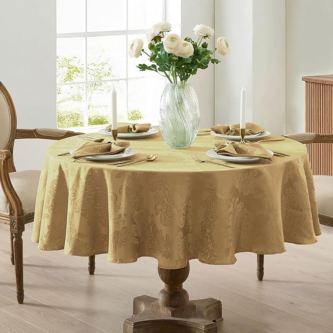 Newbridge Barcelona Damask Fabric Tablecloth, 70 Inch Round, Gold – No Iron, Soil Resistant Table Cover for Dining, Parties and Holidays