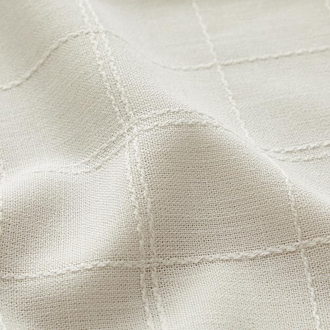 ZeeMart Linen Checked Table Cloth, Farmhouse Style Plaid Embroidered Neutral Tablecloth, Water Resistant Rectangle Table Cloth, Ivory 52x70 Inches