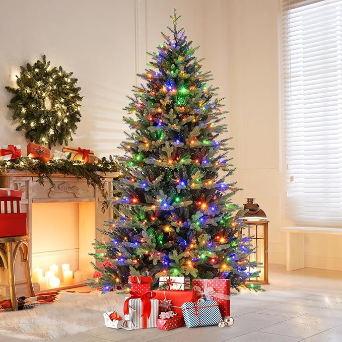 Happygrill 7 FT Pre-Lit Artificial Christmas Tree, Hinged Xmas Tree w/1646 Branch Tips, 470 LED Lights, 11 Lighting Modes, 3 Auto Timers, 4-Level Brightness & Remote Control, Decoration Tree for Party