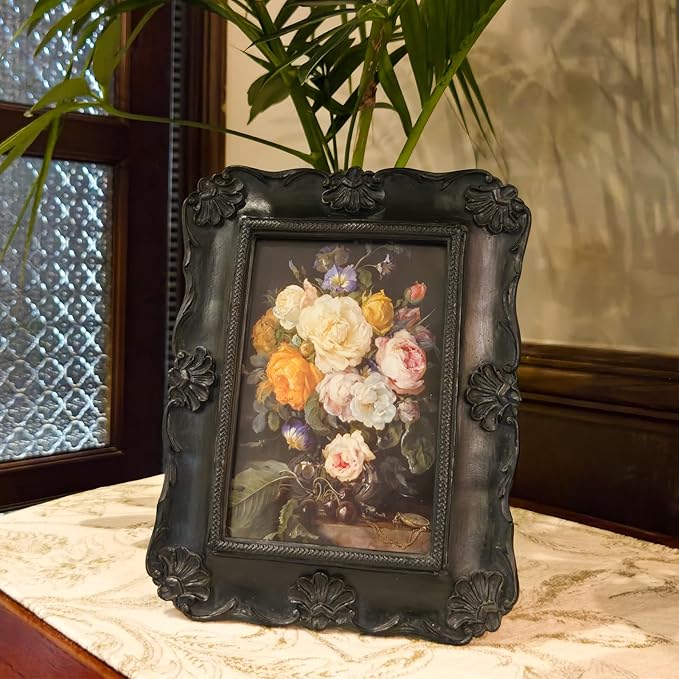 SYLVIA'S SHOP 4x6 Vintage Picture Frame, Antique Black Ornate Photo Frame, for Tabletop and Wall Display, Decorative Floral Design Retro Home Decor, Photo Gallery Art
