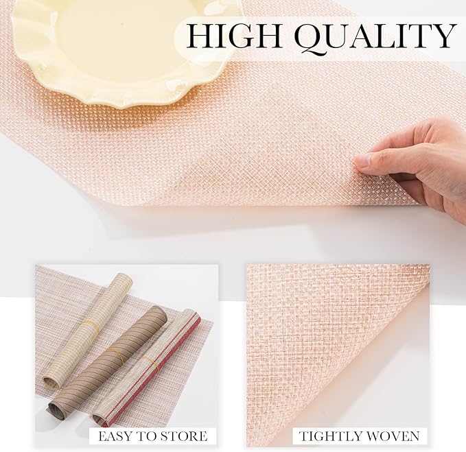 BACKTOEDEN Placemats Set of 6 Heat Resistant Washable Wipeable Placemat Woven Non-Slip Foldable Vinyl/Plastic Place Mats Indoor/Outdoor Mat Kitchen Dining Table Pad, Bright Silk Pink