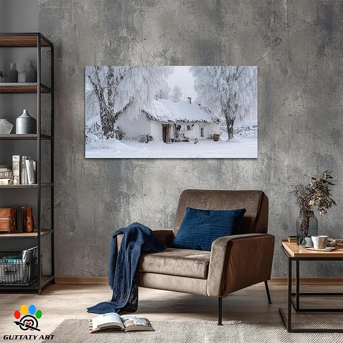 GUTTATY Christmas Winter Scene Canvas Pictures, Snowy Village Wall Decor, White Frost Landscape Canvas Artwork, Rustic Cabin Wall Painting for Living Room, Bedroom, Holiday Decoration, 60x30 Inch