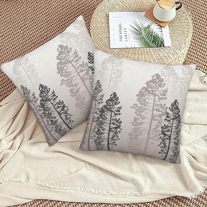 Grey Tree Pillow Covers 20x20 Inch Set of 2 Forest Gray Beige Throw Pillow Cover Nature Pine Trees Square Pillowcase Cushion Cases for Home Couch Bed Sofa