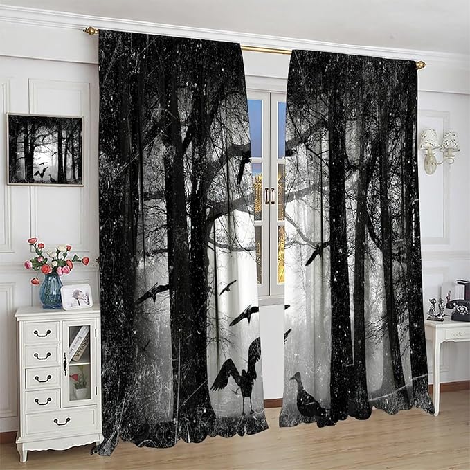 Gothic Forest Blackout Window Curtains, Halloween Style Foggy Forest Dead Trees Crow Print Curtains, for Bedroom Living Room 21(W)*54(L) 2 Panels
