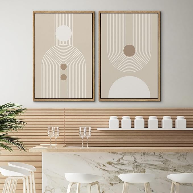 SIGNWIN Framed Canvas Print Wall Art Set Retro Nordic Geometric Pattern Abstract Shapes Cozy Neutral Modern Art Decorative Nordic Multicolor for Living Room, Bedroom, Office - 24"x36"x2 Natural