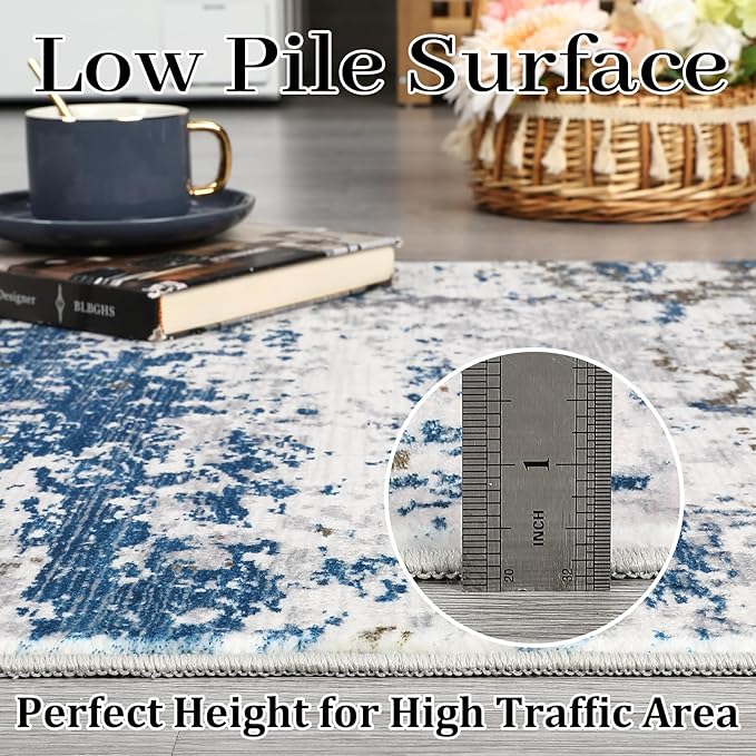 6x9 Modern Abstract Area Rug Non Slip Non Shedding Low Pile Stain Resistant Rug Soft Carpet for Bedroom Living Room, Navy