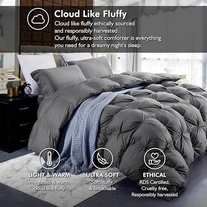 Luxurious Oversized California King Goose Down Comforter, 108 X 98 inches, Unique Gray Pinch Pleat, 600 Thread Count, 100% Egyptian Cotton Cover, 80 Oz Fill Weight, 750 Fill Power