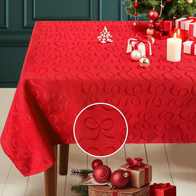 Holiday Christmas Tablecloth 60 x 84 inch (6-8 Seat), Table Cloths for 6 Foot Rectangle Tables, Cotton-Polyester Blend, Table Cover for Christmas & Wedding, Red with Bowties Jacquard (1 Pack)