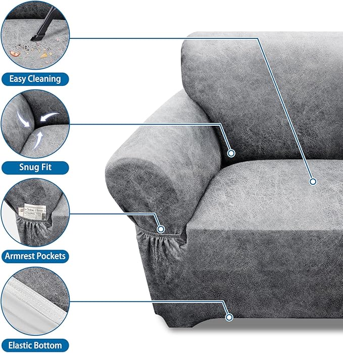 Single Sofa Cover Leather Look Chair Covers for Living Room 1-Piece Sofa Chair Covers with Arms Stretch Furniture Protector with Elastic Bottom & Pockets(Armchair, Light Grey)