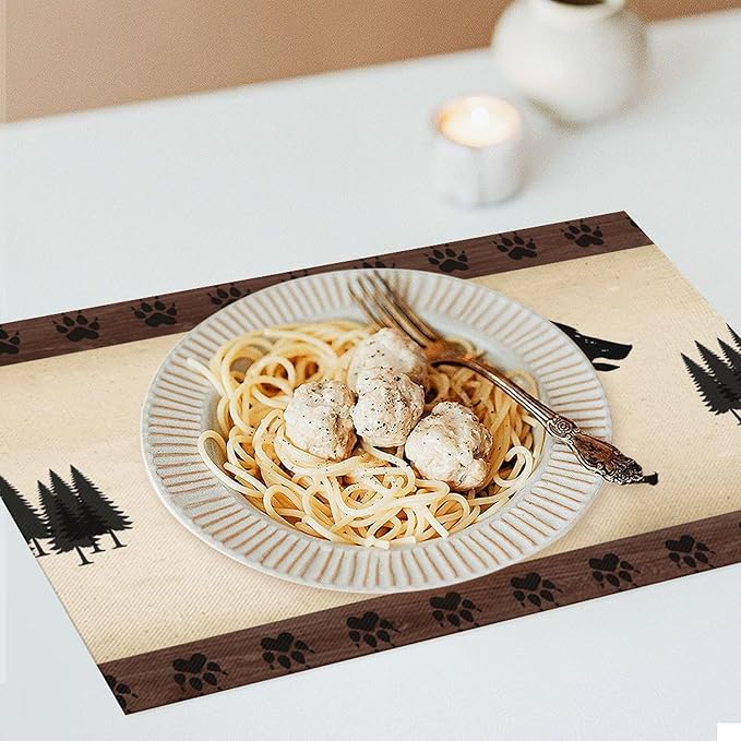 Retro Bear Placemat Set of 4, 12x18 Inch Rustic Brown Wildlife Animal Paw Print Forest Tree Farmhosue Cabin Country Lodge Coffee Table Mats for Outdoor Kitchen Dining Table Decoration