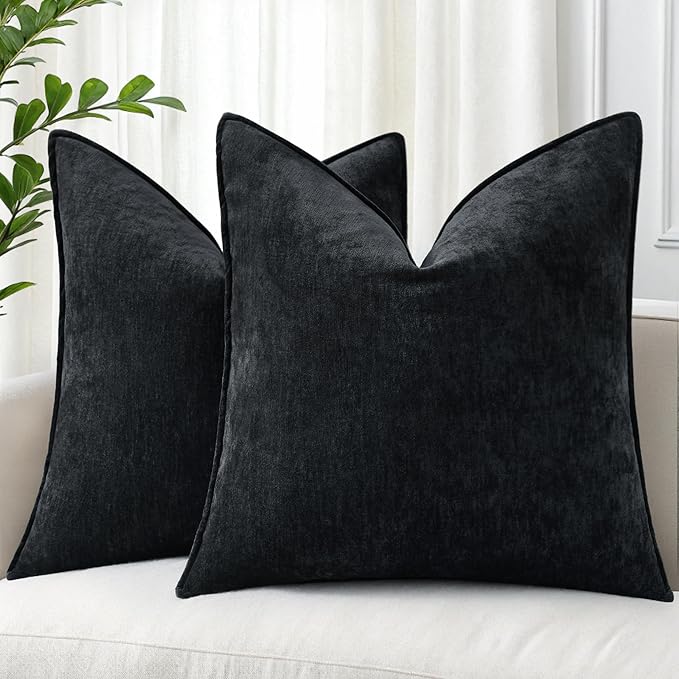 decorUhome Christmas Couch Throw Pillow Covers 18x18 Set of 2, Decorative Soft Euro Velvet Neutral Chenille Pillow Covers with Elegant Design for Sofa Bed Living Room Home Decor, Black