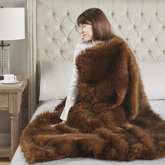 Hyde Lane Faux Fur Throw Blanket - Ultra Long Pile, Luxury Fluffy Bear Brown with Black Tipped Blankets, Fuzzy Plush Animal Coat Color Throws for Sofa Couch, Gift for Women, 50x60