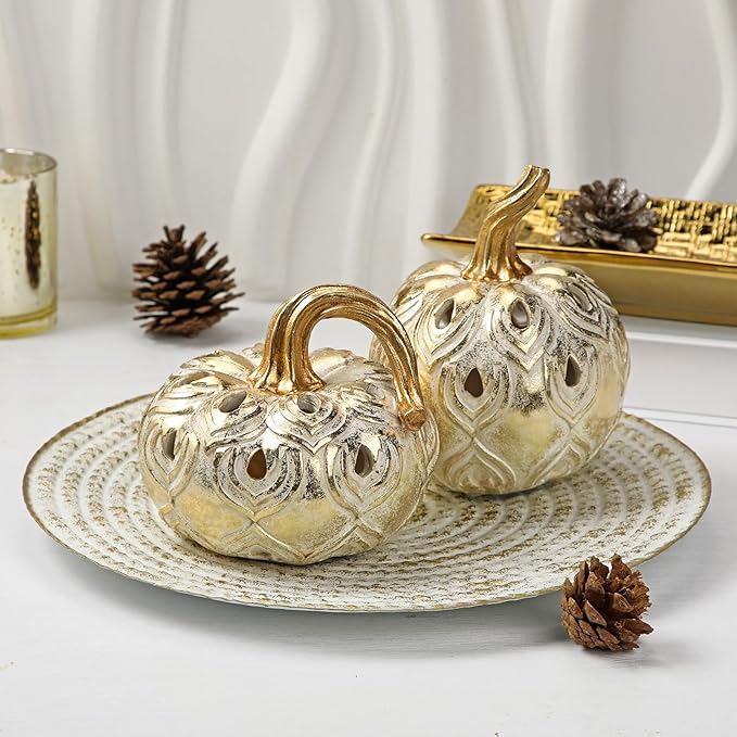 Hollyone Fall Pumpkin Decor 2 PCS Champagne Gold Resin Pumpkins Figurines Fake Pumpkins Faux Pumpkins Rustic Farmhouse Centerpiece for Thanksgiving Harvest Halloween Autumn Fall Decorations for Home