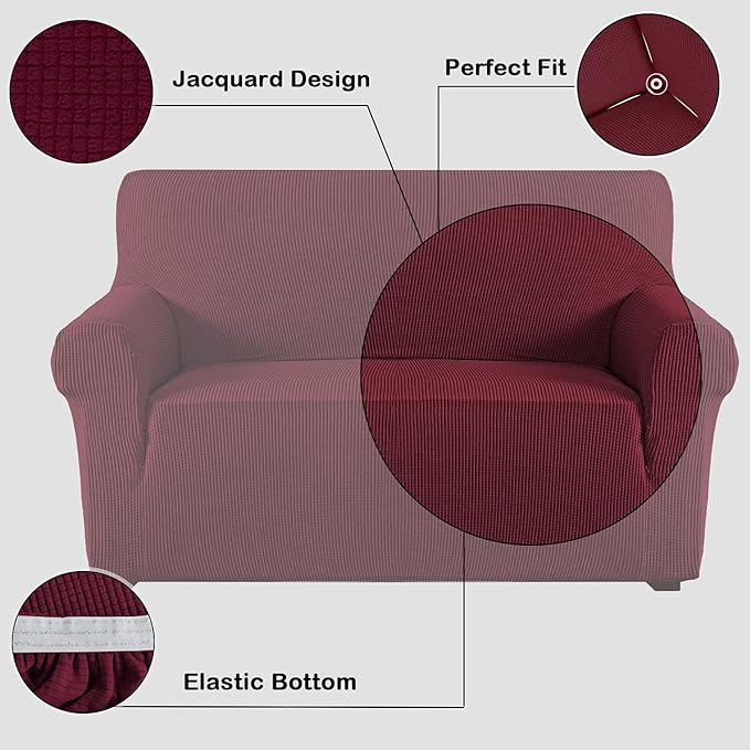 Flamingo P High Stretch Sofa Cover 1 Piece Machine Washable Spandex Jacquard Checked Pattern Fabric, Wine, Sofa