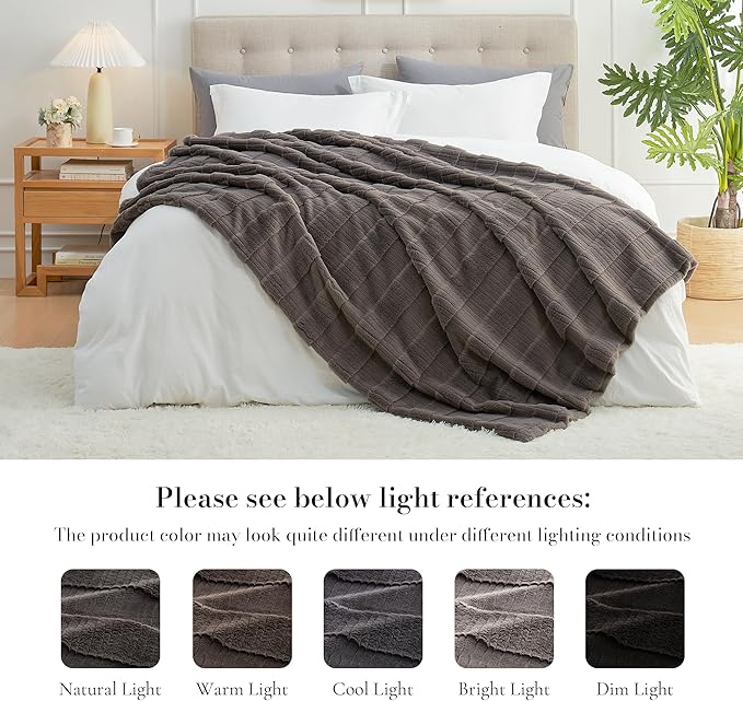 Amélie Home Luxury Striped Faux Fur Throw Blanket for Couch, Soft Cozy Fuzzy Fluffy Soft Plush Blankets Sofa Chair Gift Blankets for Women, 60"x80", Charcoal Gray