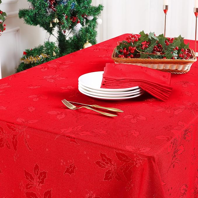 Smiry Rectangle Christmas Red Tablecloth, 52x70 Inch Waterproof Damask Table Cloth, Holly Patterns Fabric Table Covers for Christmas Dinner, and New Year Celebration, Burgundy