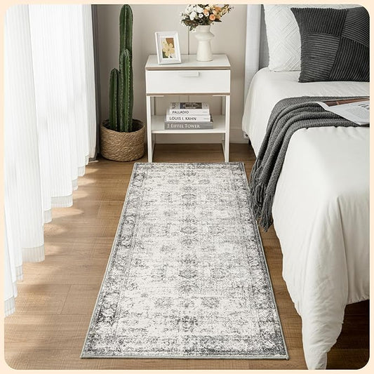 Istana Hallway Runner Rug 2x8 – White Cream/Grey Entryway Rug -Silk's Soft Touch Runners for Hallways - Stylish Kitchen Runner Rug Non Slip