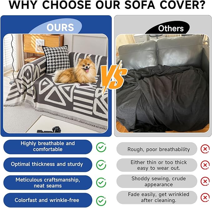 VClife Boho Couch Cover Sectional Sofa Cover for Dog Breathable Chenille Couch Covers for 2 Cushion Couch Sofa, Washable Dark Grey White Geometry Loveseat Cover Slipcover with Tassel 71"X102"